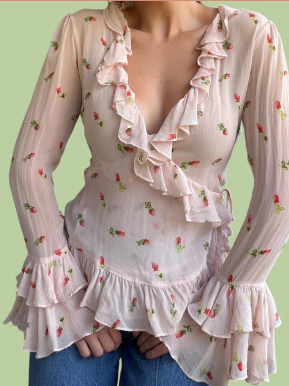 Moda International Sheer Ruffle Wrap Silk Blouse Vintage Y2K Coquette Cottage